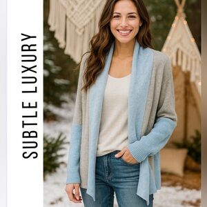 Subtle Luxury 100%Cashmere cocoon Cardigan open front shawl collar blue S/M